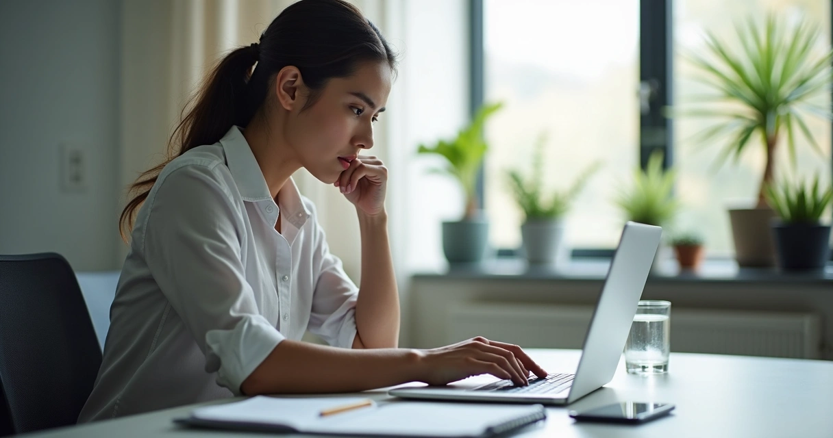 Professional pausing at desk before replying to a message 