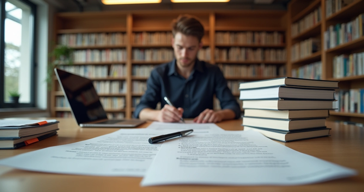 Professional writing an immigration plan at a library table surrounded by reference books