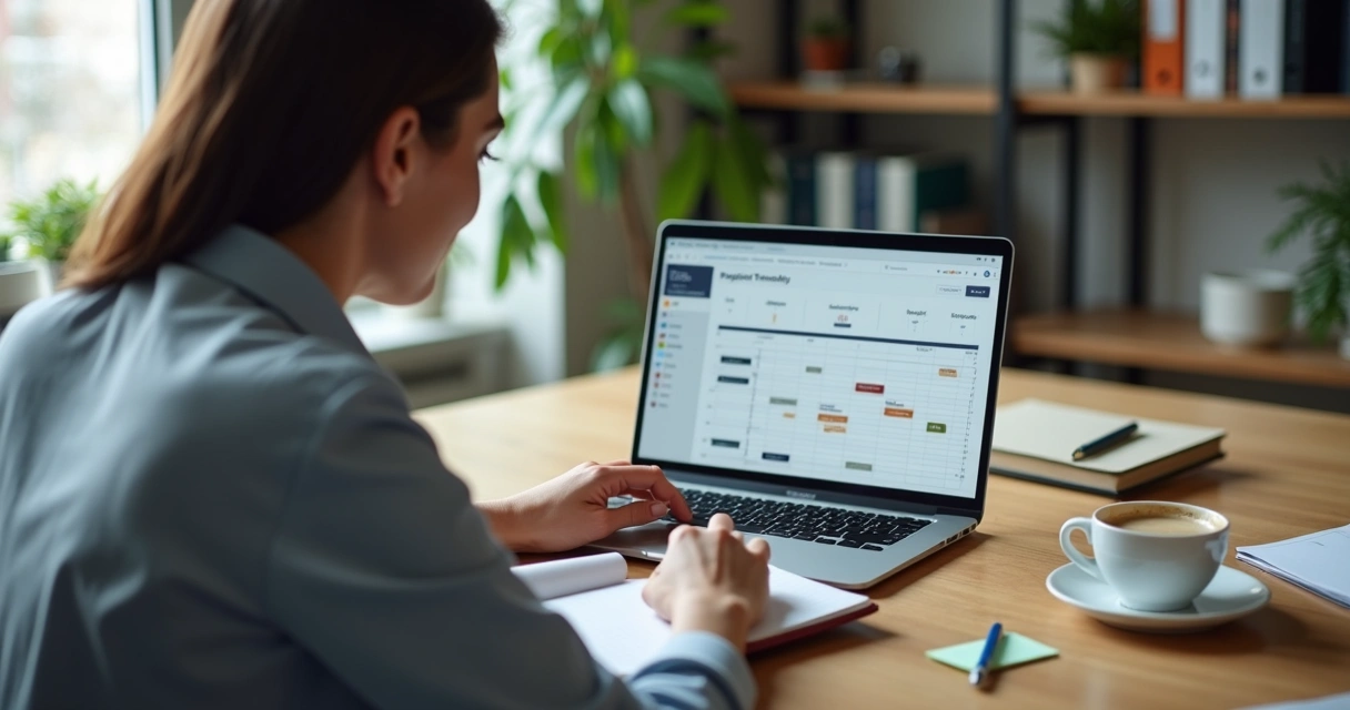 Professional reviewing notes and timeline at a desk 