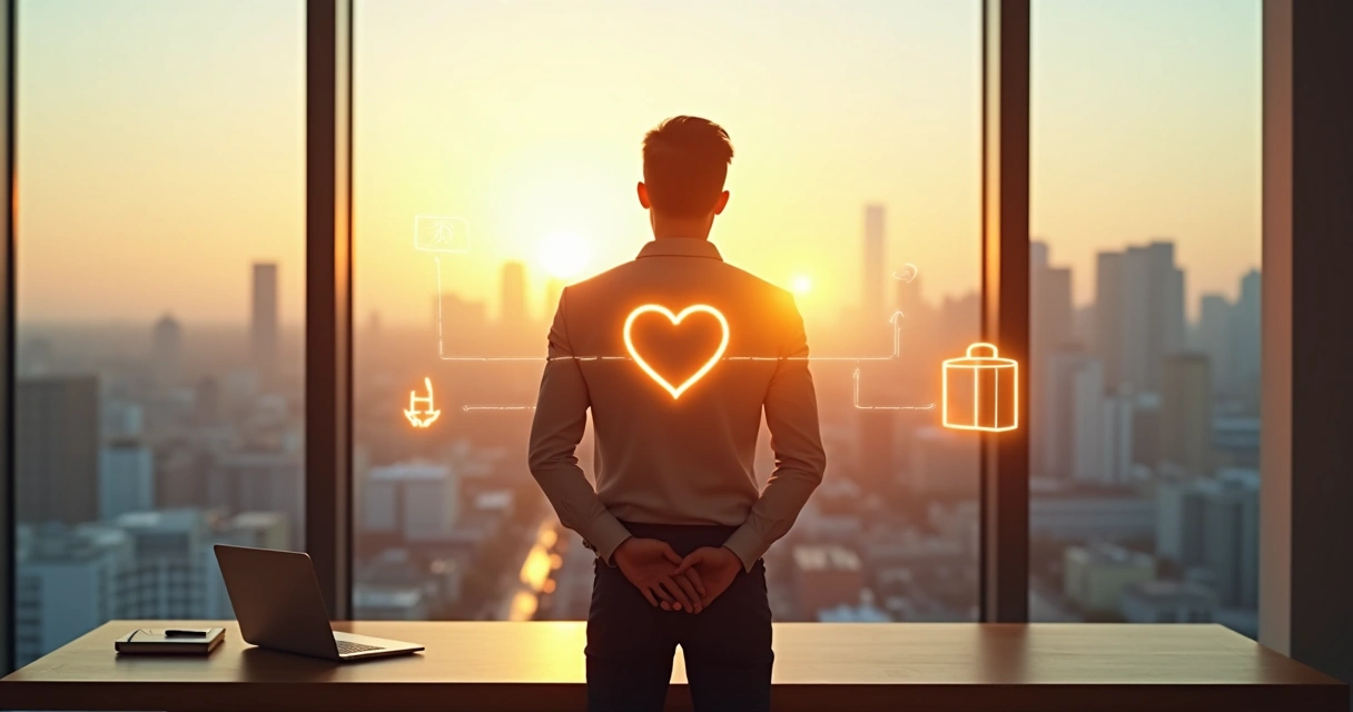 Person standing at office window aligning career path with inner purpose 