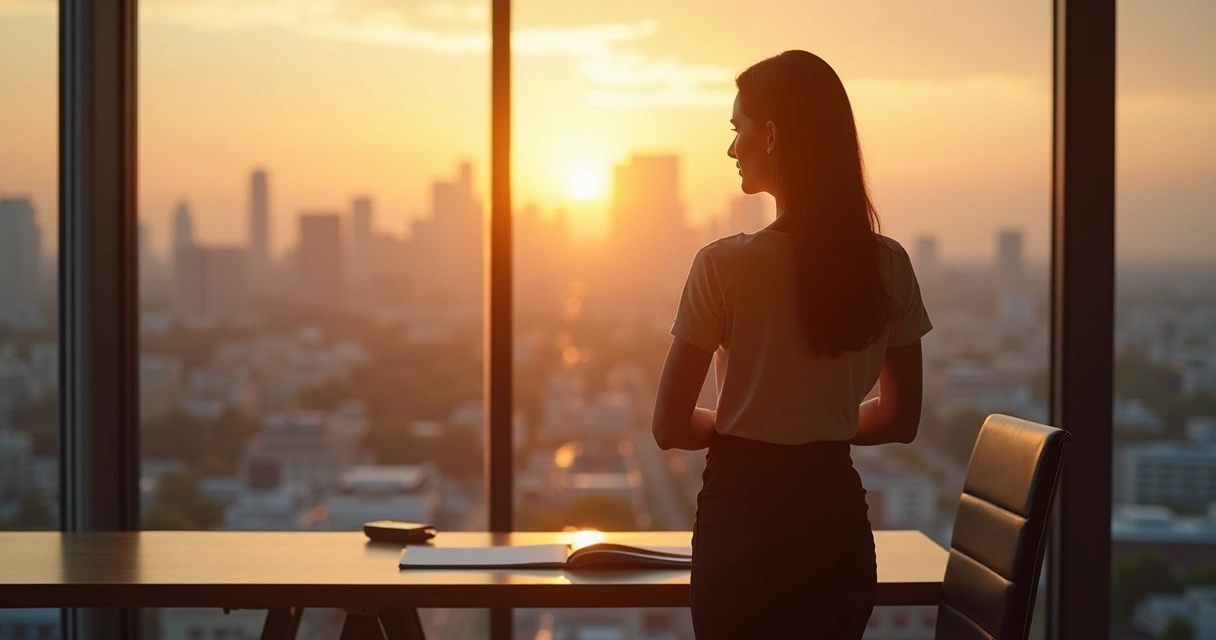 Professional standing by an office window reflecting before making a decision 