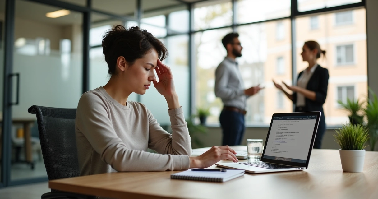 Office worker pausing at desk to reflect on emotional reaction during workday 