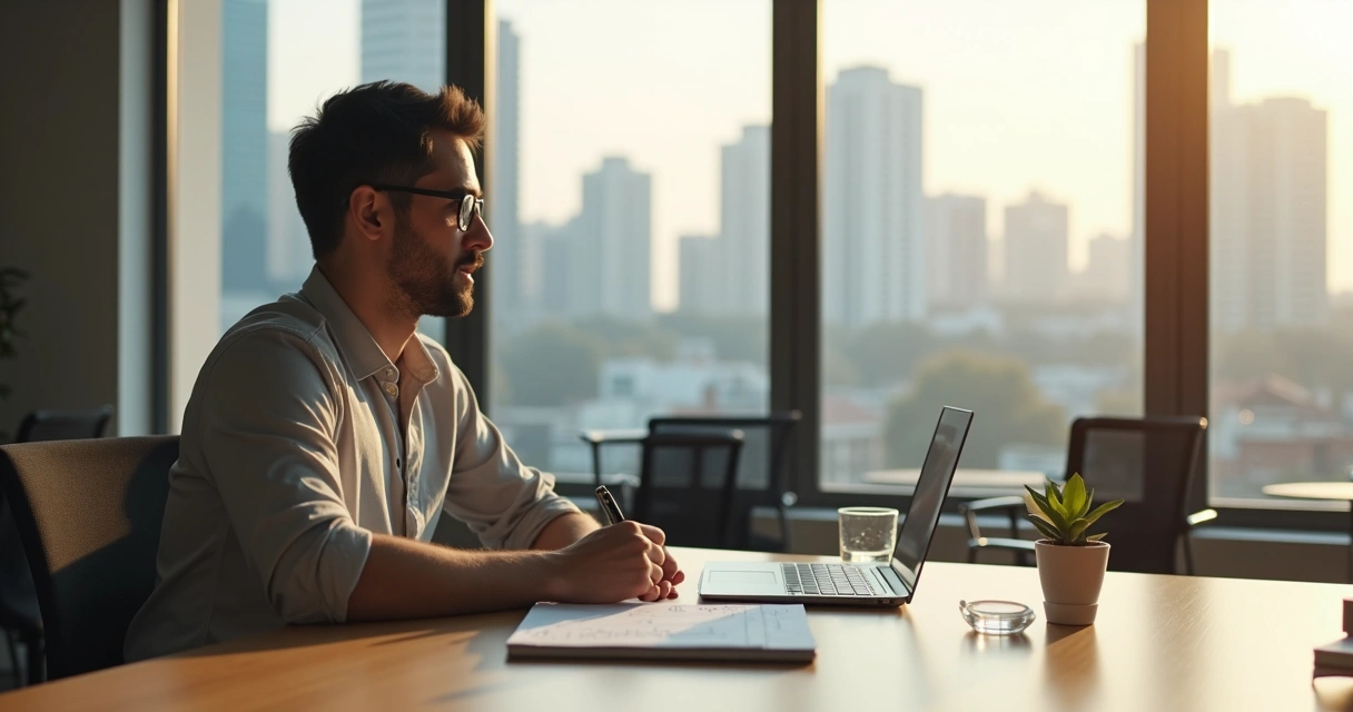 Professional sitting at a desk reflecting on core motivations at work 