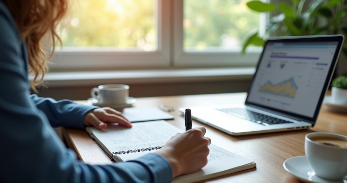 Professional writing notes during a calm desk pause 