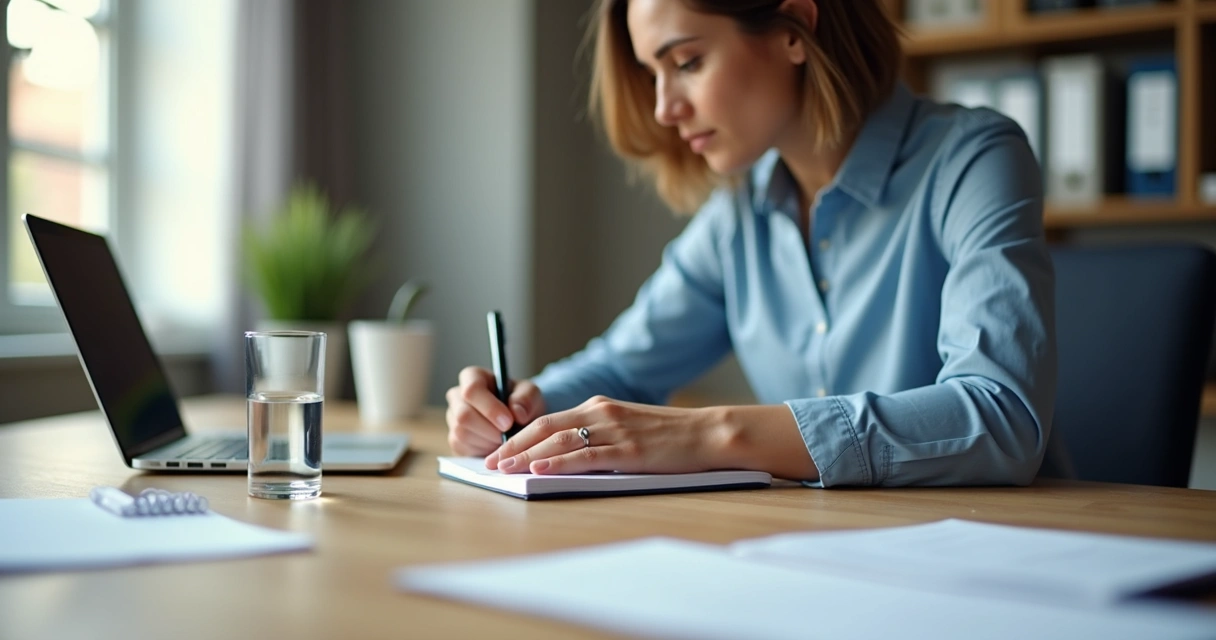 Professional writing reflections in a notebook at a desk 