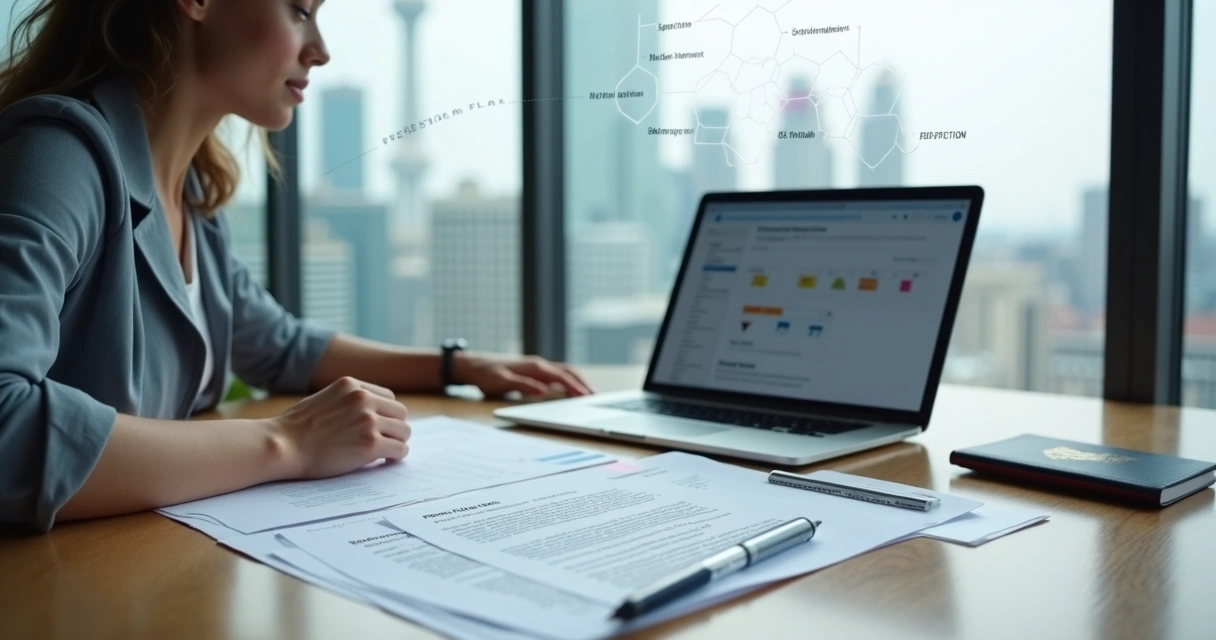 Professional reviewing EB-2 NIW visa plan with portfolio and charts 