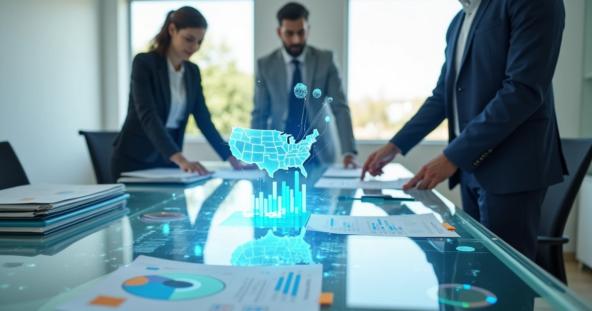 Professional reviewing EB-2 NIW strategy documents with U.S. map and charts 