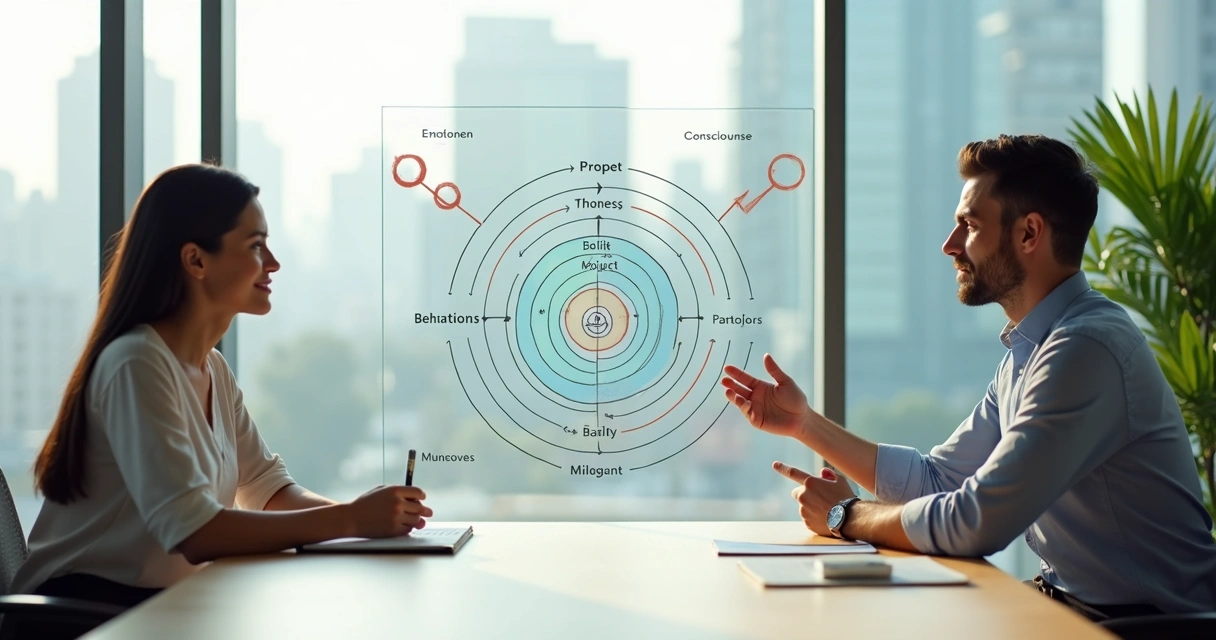 Coach guiding professional through self-coaching journey with strategic diagrams 