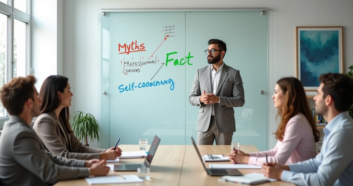 Coach breaking myths about professional and self-coaching using transparent diagrams 