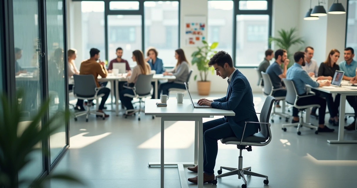 Isolated professional at desk surrounded by blurred busy colleagues 