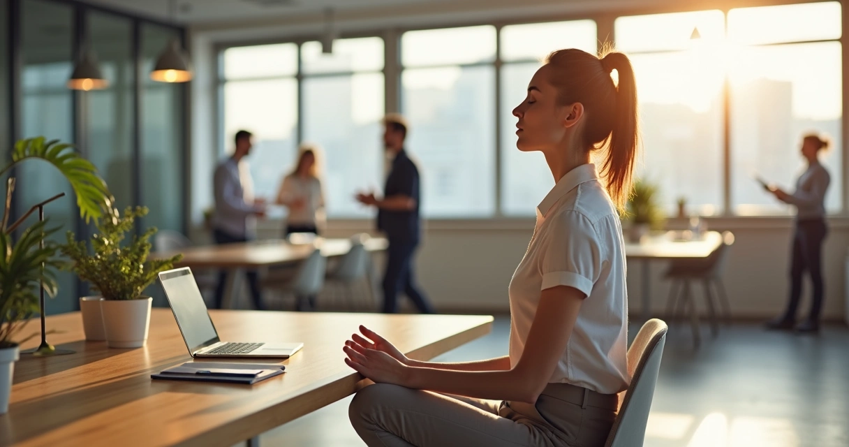 Professional pausing to self-regulate at desk in busy office 