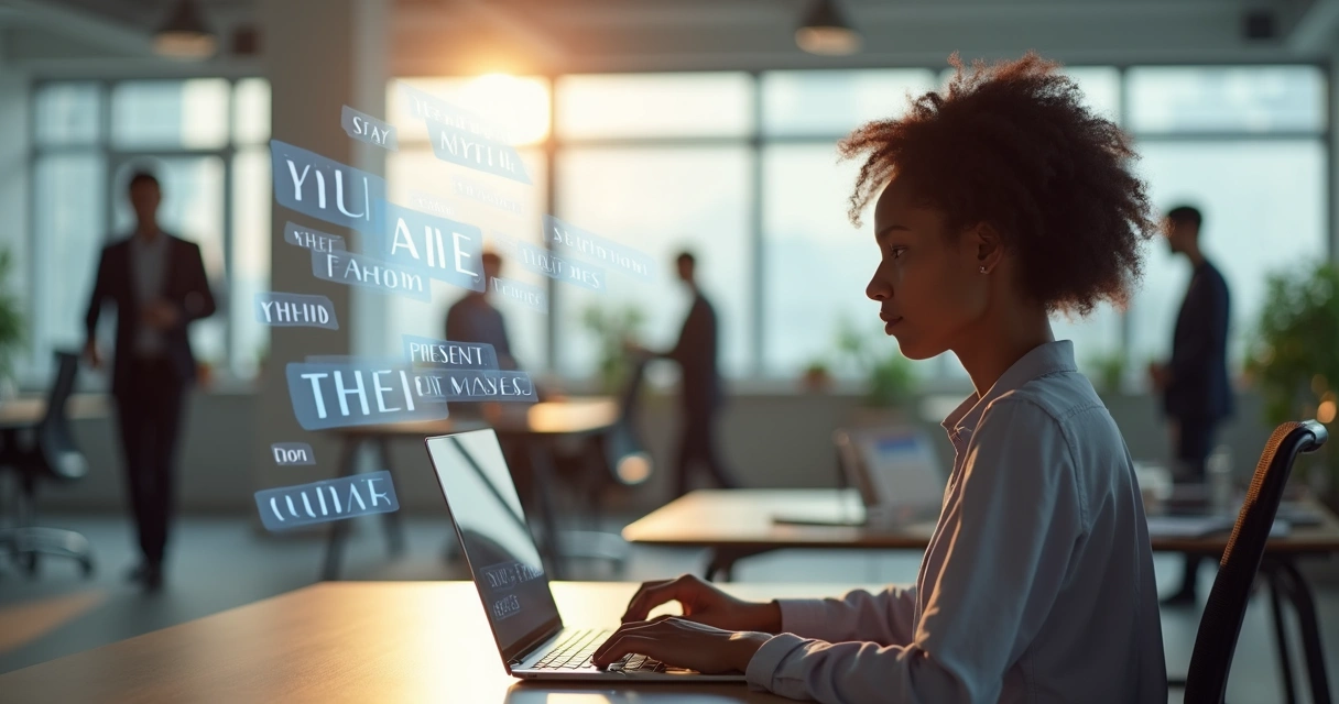 Professional reflecting in office with positive self-talk overlay 