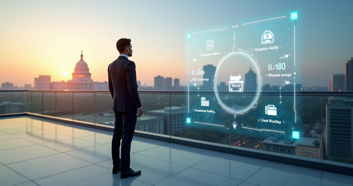 Professional facing US Capitol skyline with strategic roadmap graphics