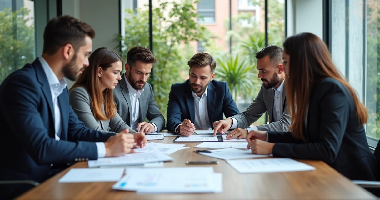 Group of colleagues discussing ideas around a table with shared focus 