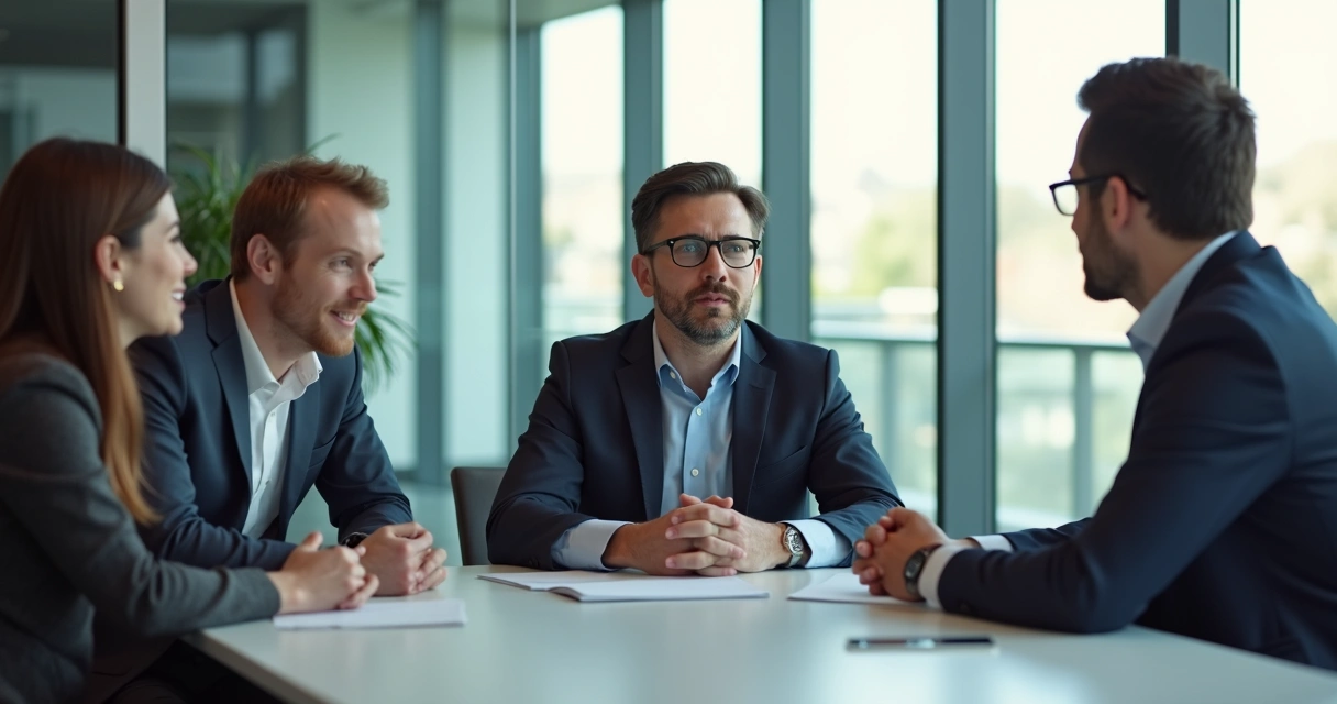Four people sitting at a meeting table, two listening, one presenting, and one taking notes.