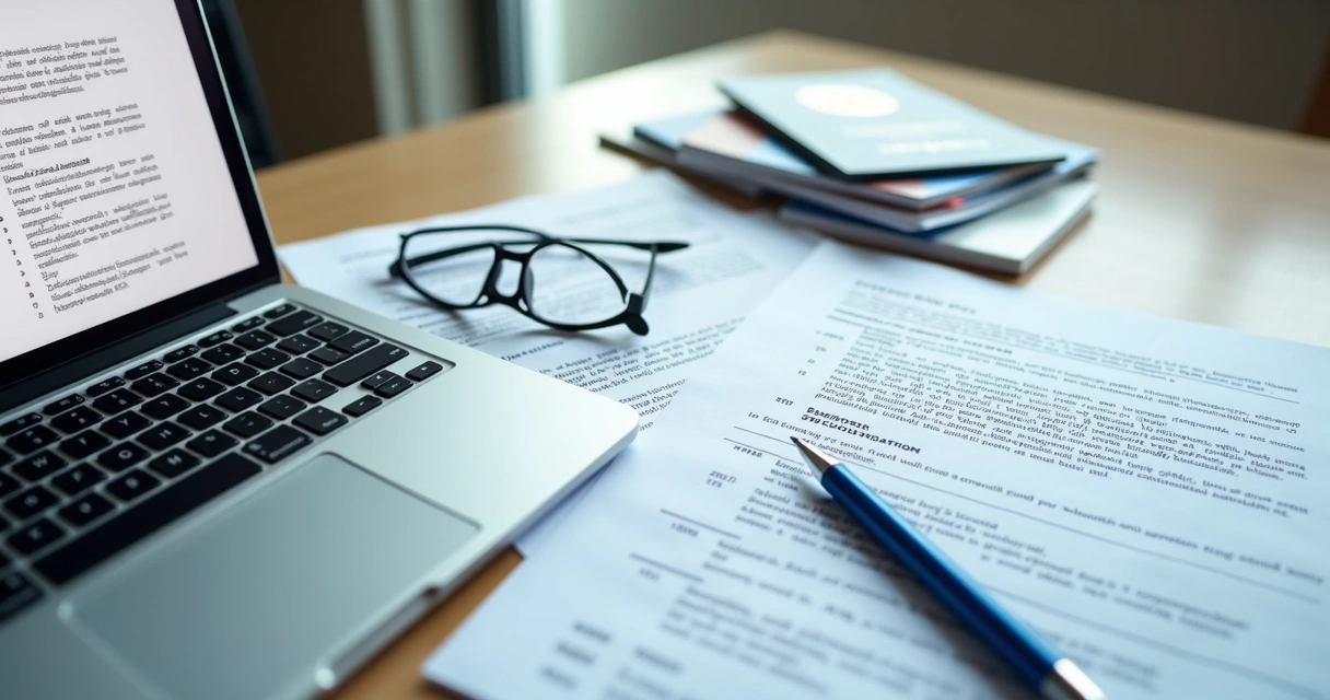 Immigration documents and professional records on a desk