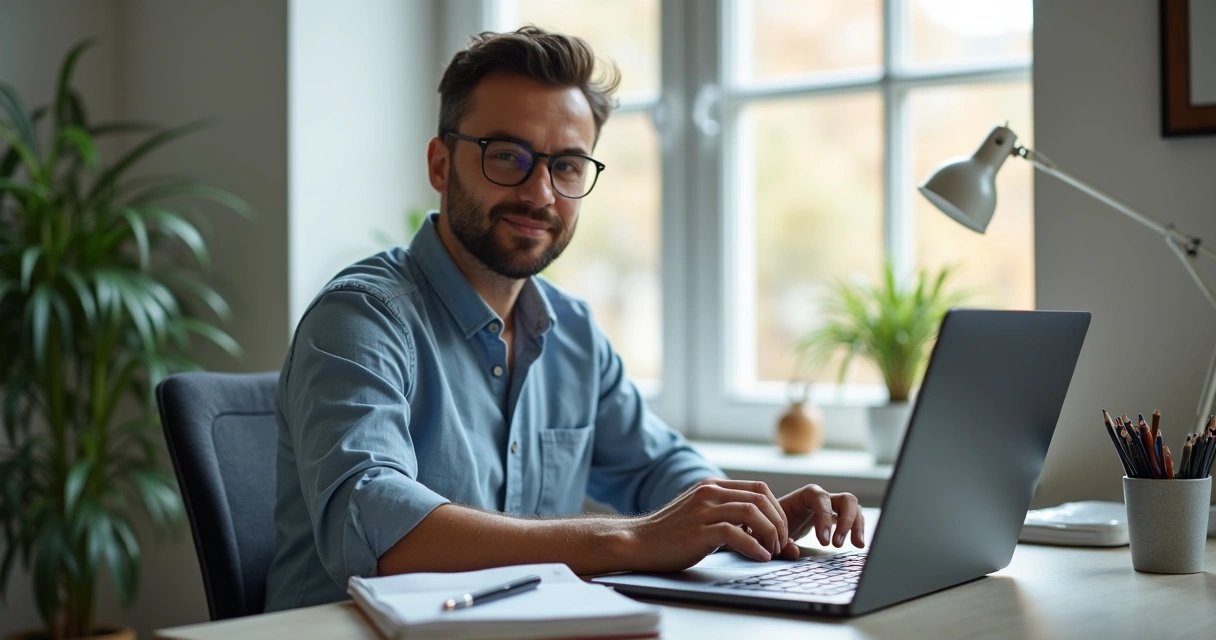 Confident professional web developer at minimalist desk 