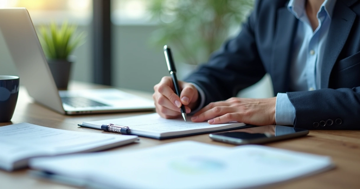 Professional documenting workplace incidents in a notebook at a desk