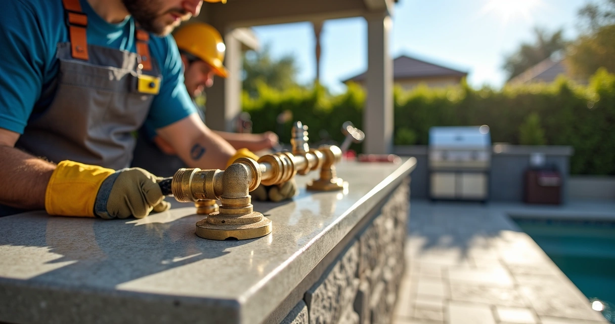 Technicians carefully installing gas lines for an outdoor kitchen with tools and safety gear in a bright backyard 