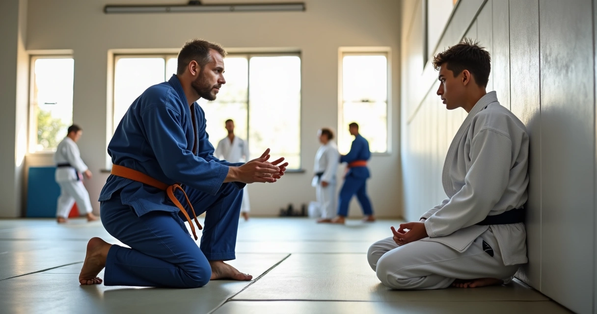 Professor de Jiu-Jitsu conversando com aluno sentado no canto do tatame 