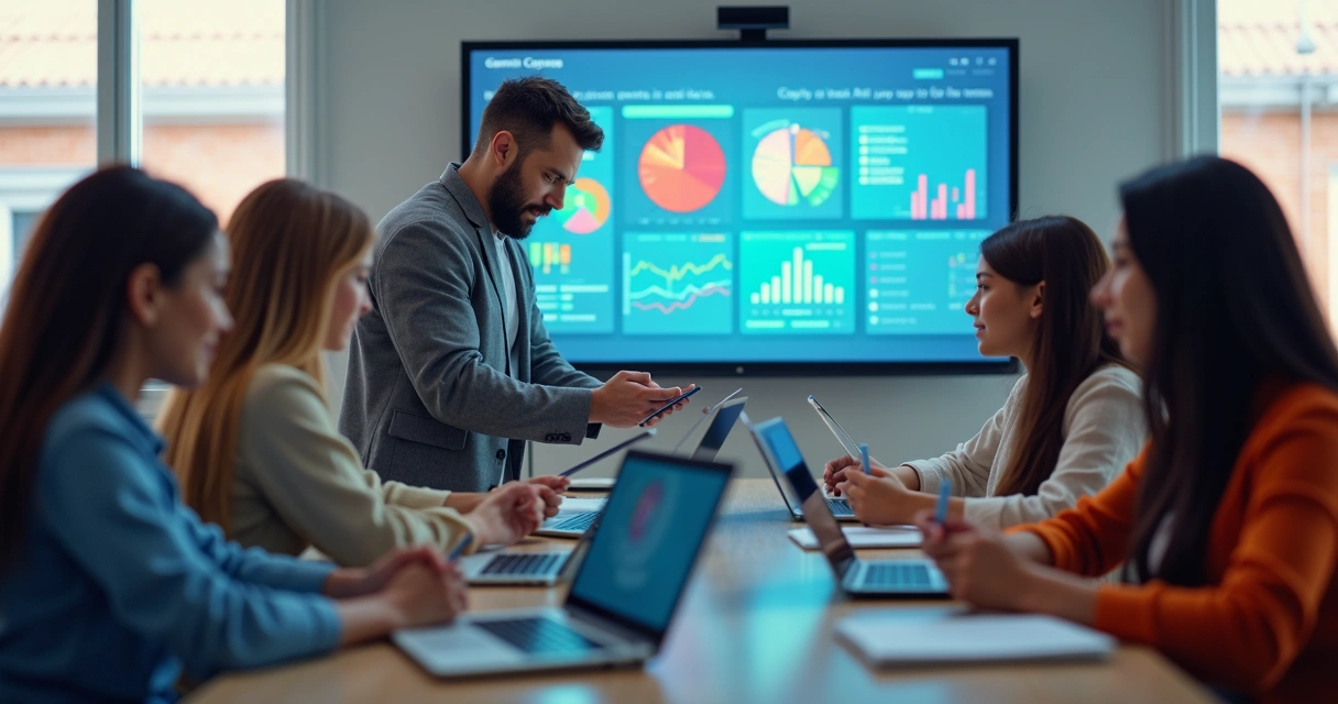 Professor e alunos em sala de aula usando notebooks e tablets com gráficos digitais interativos na tela 