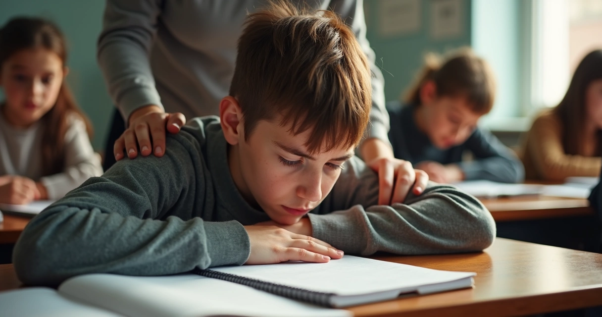 Professor apoiando aluno esgotado na sala de aula 