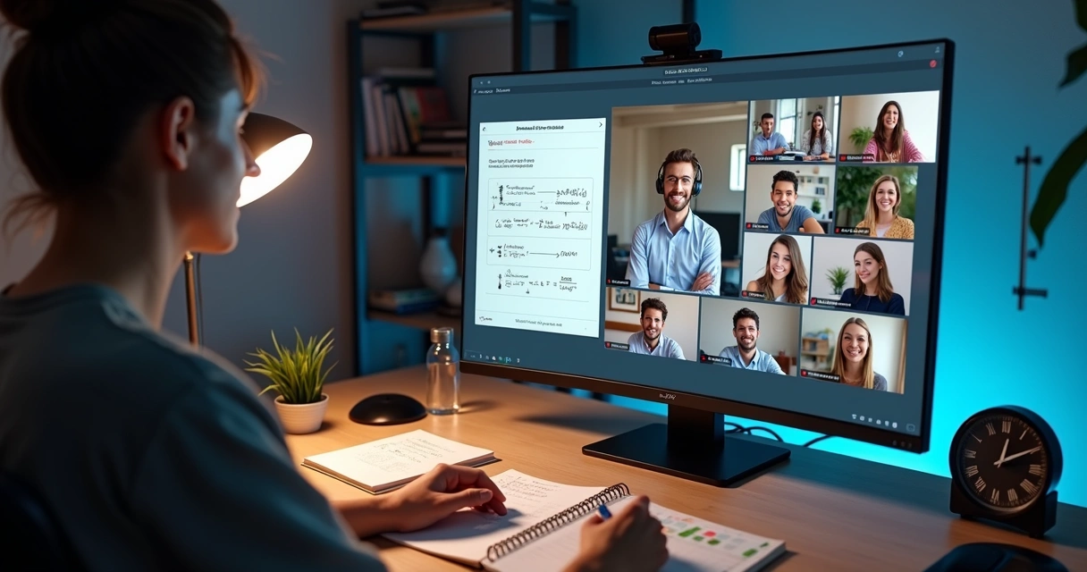 Professor conduz aula ao vivo online para turma de preparatório em computadores 