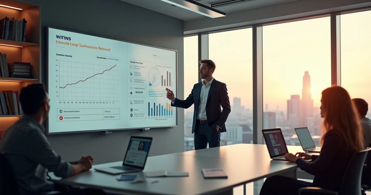 Professor de finanças ensinando turma online em sala moderna com gráficos ao fundo 