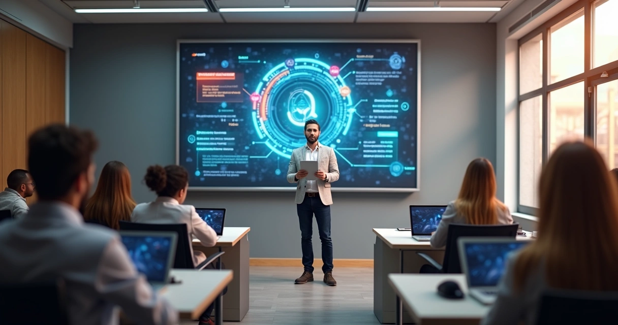 Professor em sala de aula usando tablet para ensinar inteligência artificial a alunos atentos 