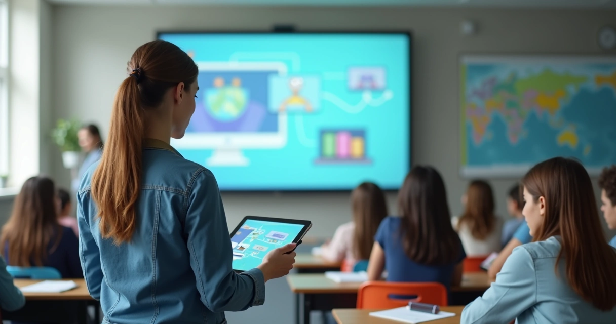 Professor em sala de aula utilizando tablet para ensino digital com alunos atentos e quadro digital ao fundo 