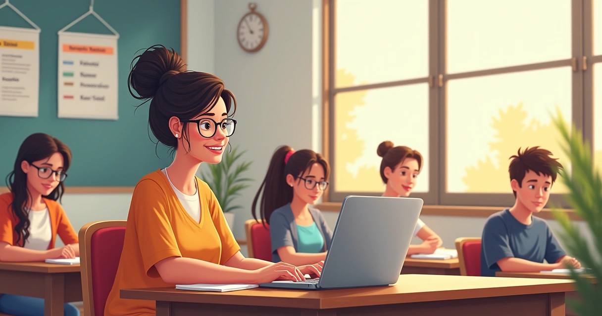 Professor usando notebook na sala de aula com alunos atentos 