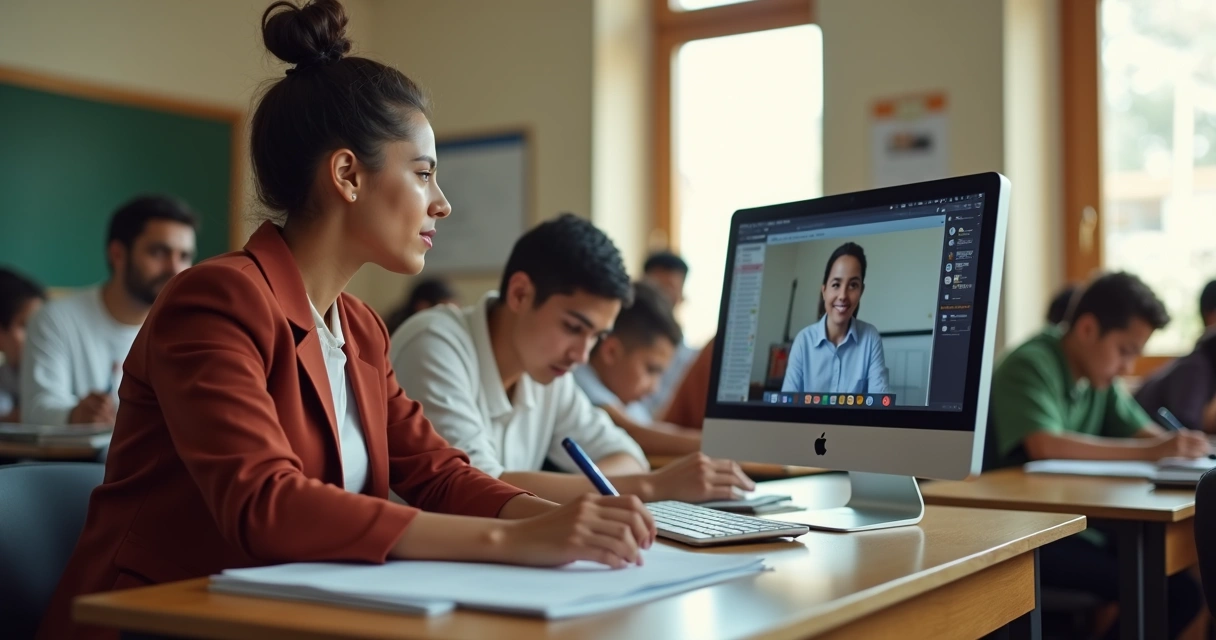 Professor utilizando computador com tutor virtual na sala de aula 