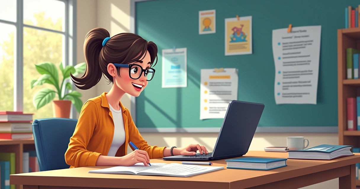 Professor com computador e livros preparando aula com IA 