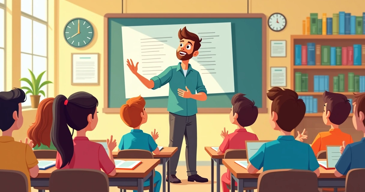 Professor falando para alunos atentos em sala de aula
