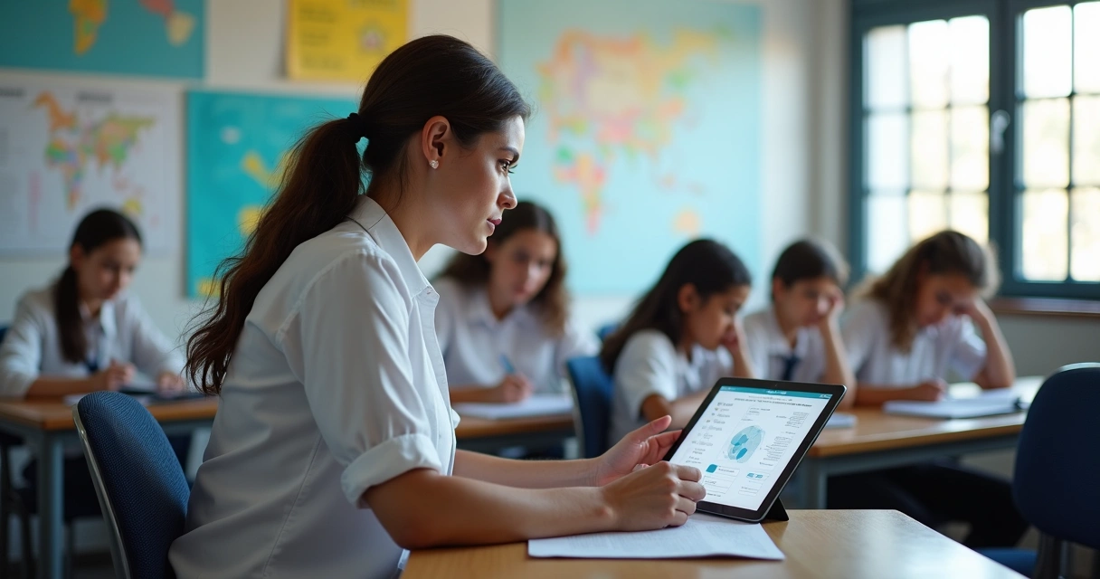 Professor conferindo relatórios automáticos na escola 