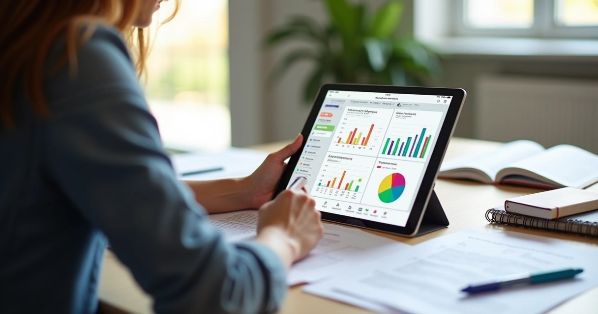 Professor corrigindo simulado online em tablet com gráficos 