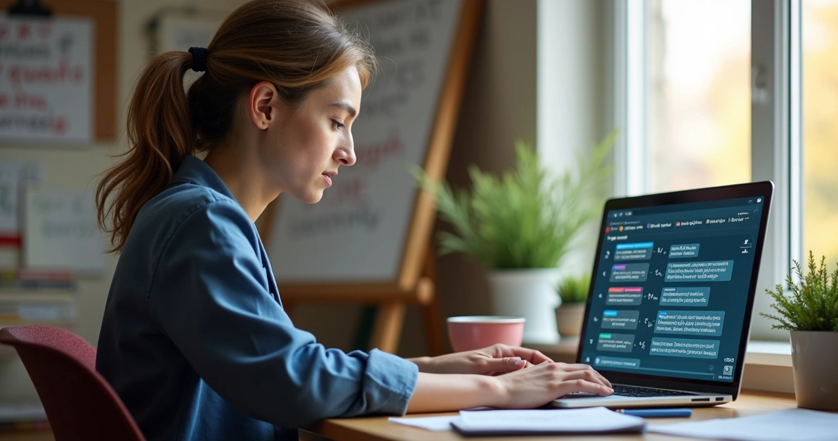 Professor utilizando inteligência artificial no computador para criar questões de matemática com gráficos e fórmulas na tela 