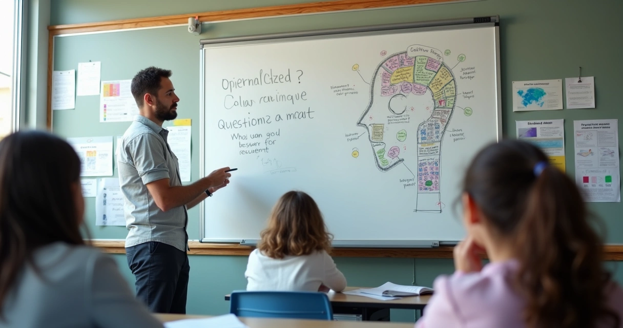 Professor escrevendo ideias criativas no quadro, alunos observando e discutindo 