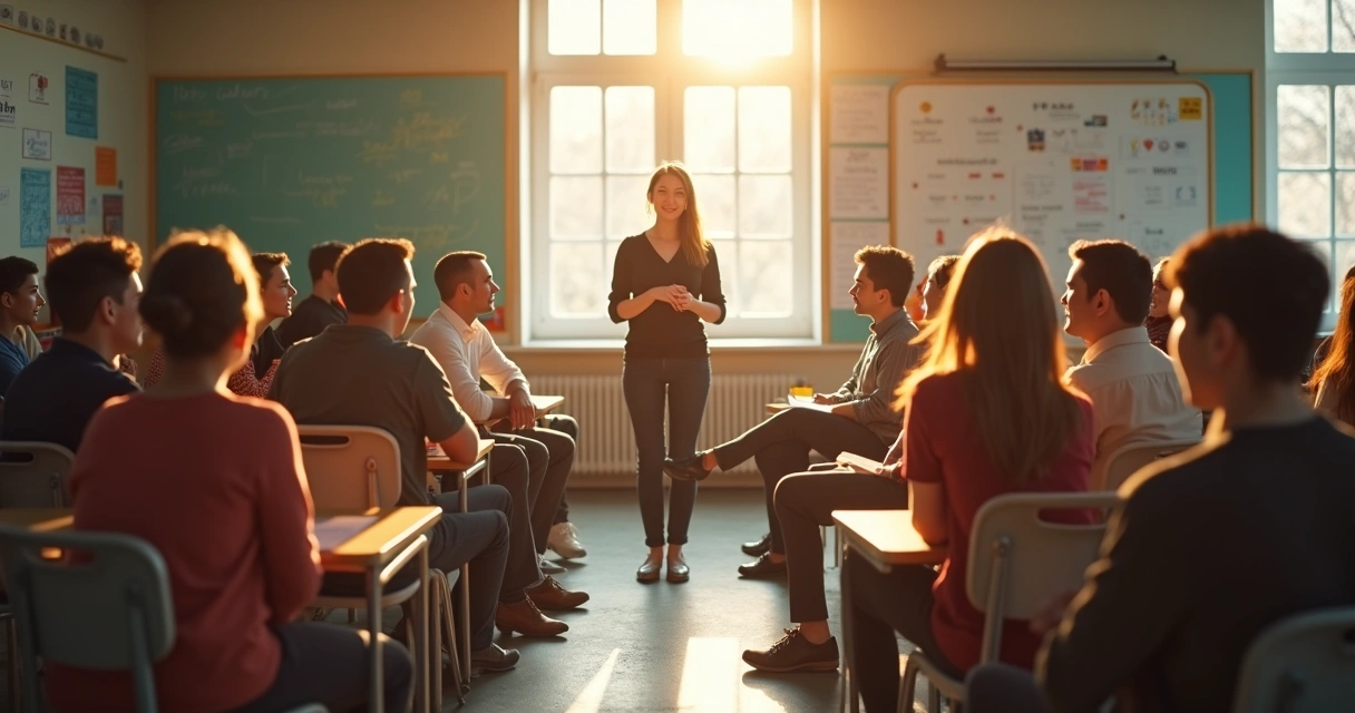 Professor em roda de conversa com alunos em uma sala de aula, todos participando ativamente. 