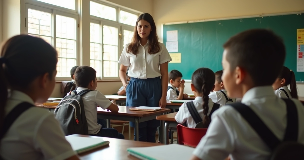 Professor conversando com alunos em sala de aula 