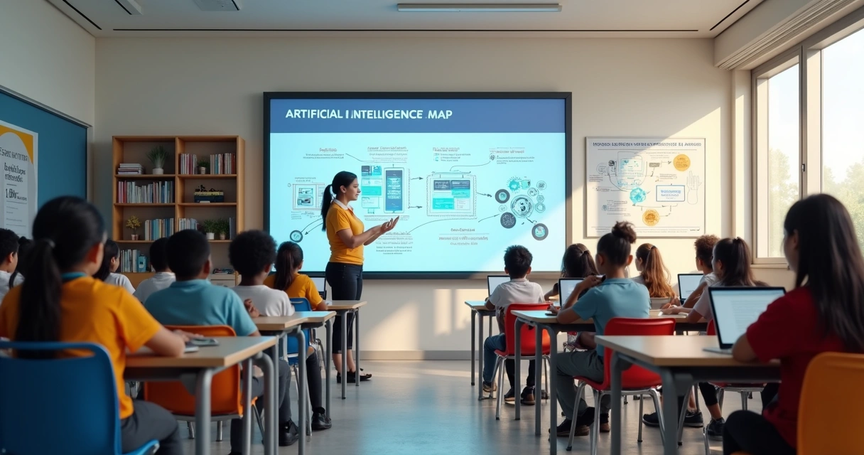Professor ensina estudantes sobre IA em sala com computadores