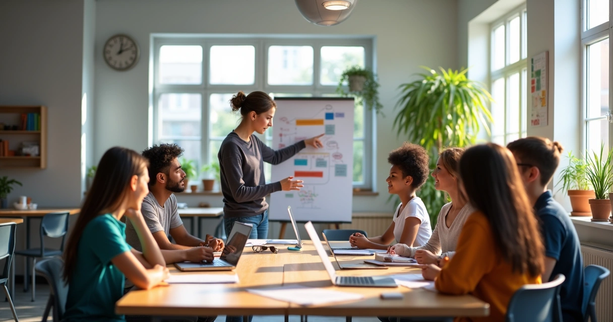 Professor e estudantes colaborando em projeto educacional em sala de aula moderna 