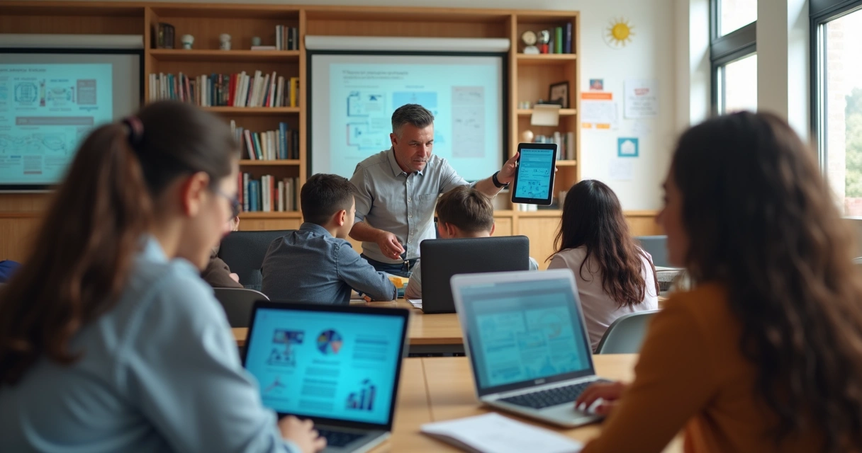 Professor e estudantes usando computadores e tablets em sala de aula moderna iluminada naturalmente 
