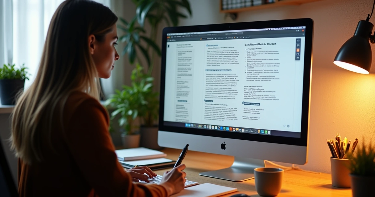 Professor editando apostila didática no computador em ambiente caseiro