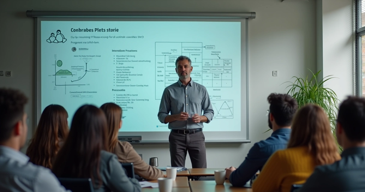 Professor explicando Linux para alunos com lousa ao fundo 