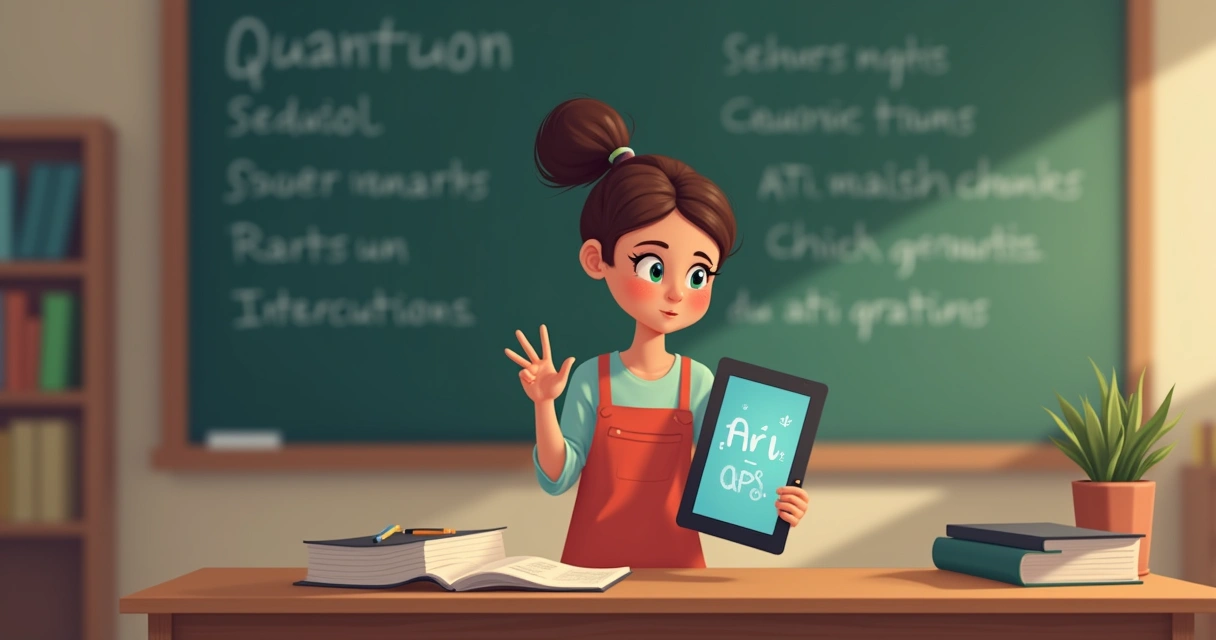 Professor equilibrando livros tradicionais e tablet com aplicativos de IA 