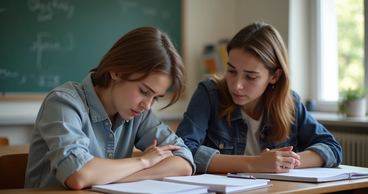 Professor ouvindo aluno triste na sala de aula 