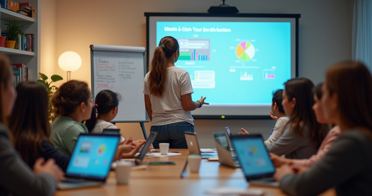 Professor em formação em sala digital com tela interativa