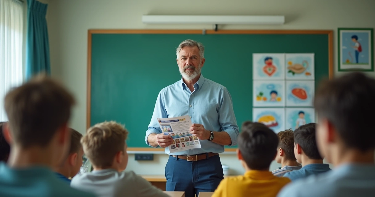 Professor em escola promovendo autocuidado masculino 