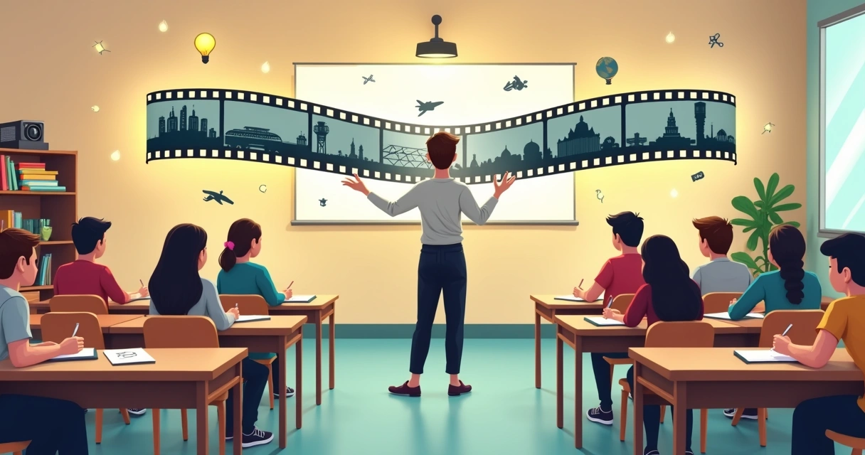 Professor usando rolo de filme clássico para ensinar em sala de aula moderna 